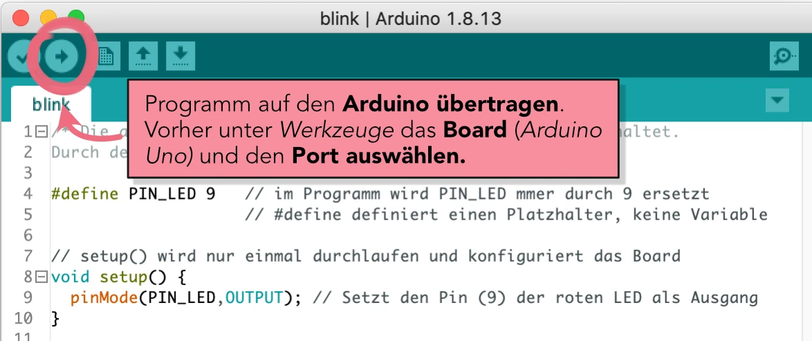 Arduino-IDE: Programm auf den Arduino hochladen